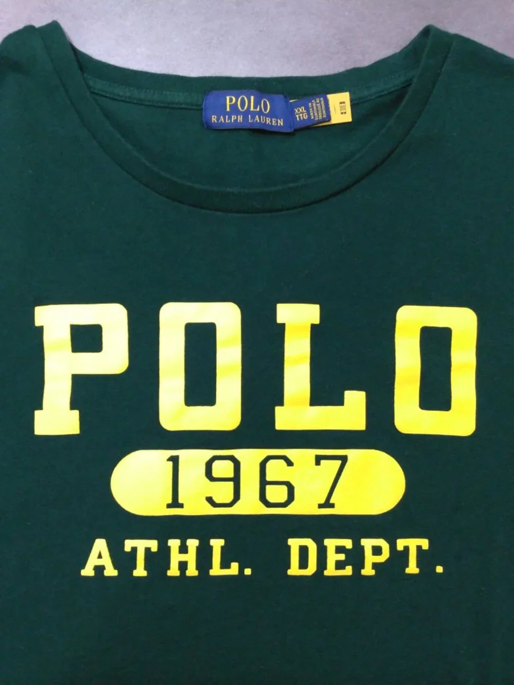 POLO RALPH LAUREN T Shirt XXL GREEN Yellow SPELLOUT 2XL Athletic Dept MENS RL SS